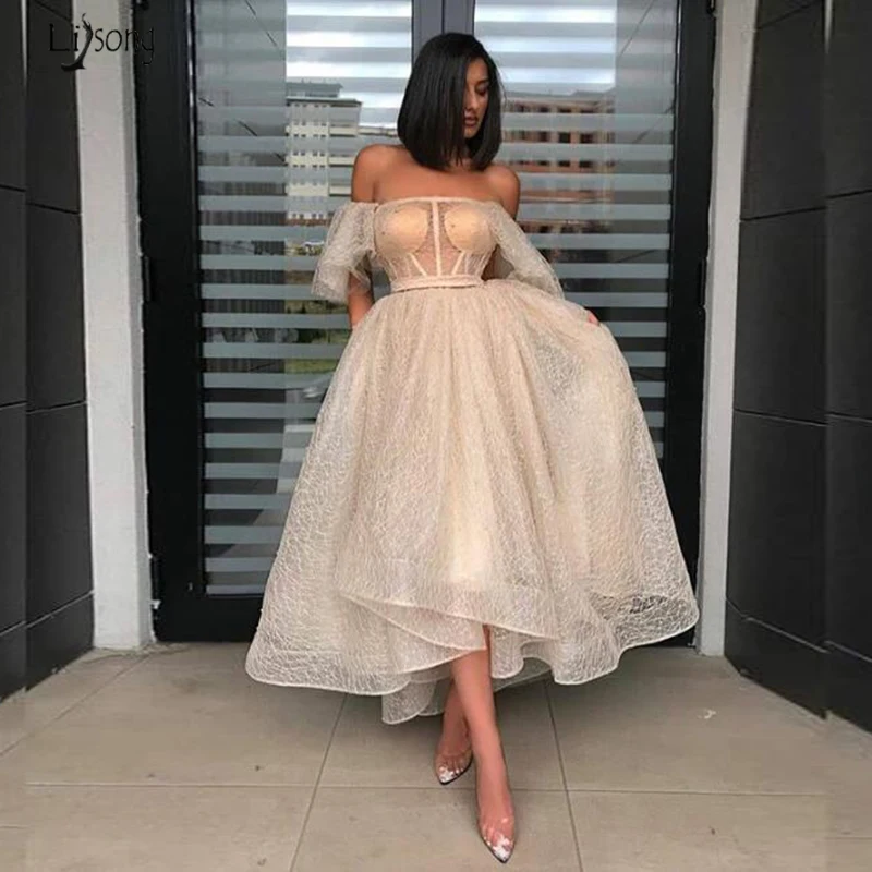 Elegant Off The Shoulder Shiny Evening Formal Dresses Trendy Tulle Ankle Length Prom Gown Abendkleider Dubai Party Dresses - Color: Ivory