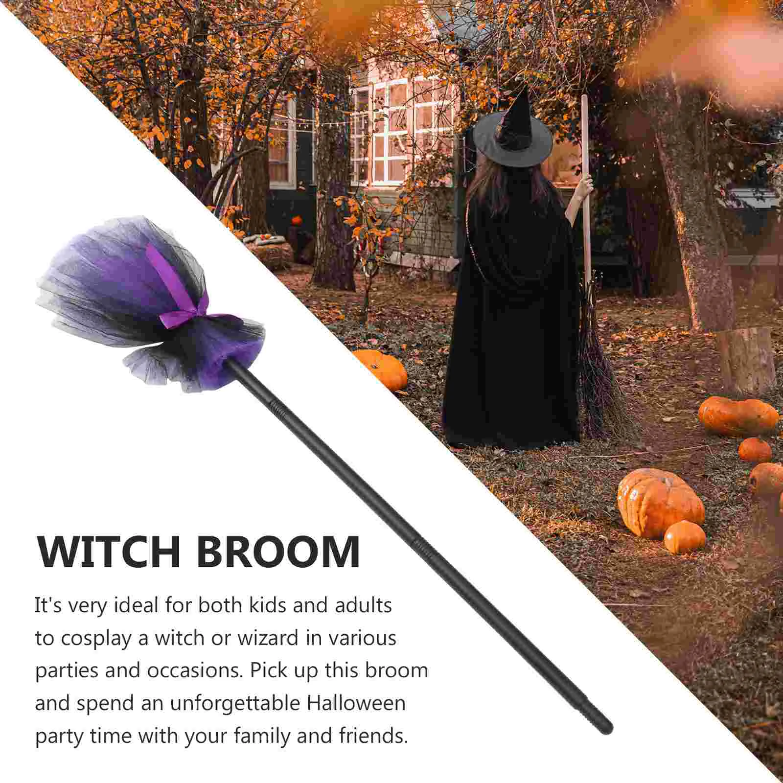 Halloween Witch Broom Flying Broomstick with Light Strings Mesh Broom