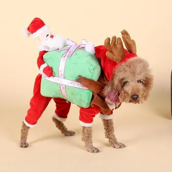 

Pet Dog Funny Christmas Clothes Santa Claus Hug Gift Box Turned Into Autumn And Winter Thick Clothes