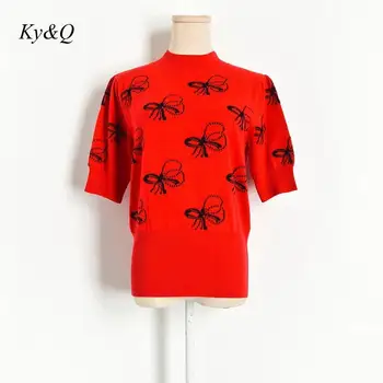 

Summer Fashion New Women Bow Embroidery Pullover Short Bubble Sleeve O-neck Sweet Elegant 2020 Fashion Sweater Tops Clothes