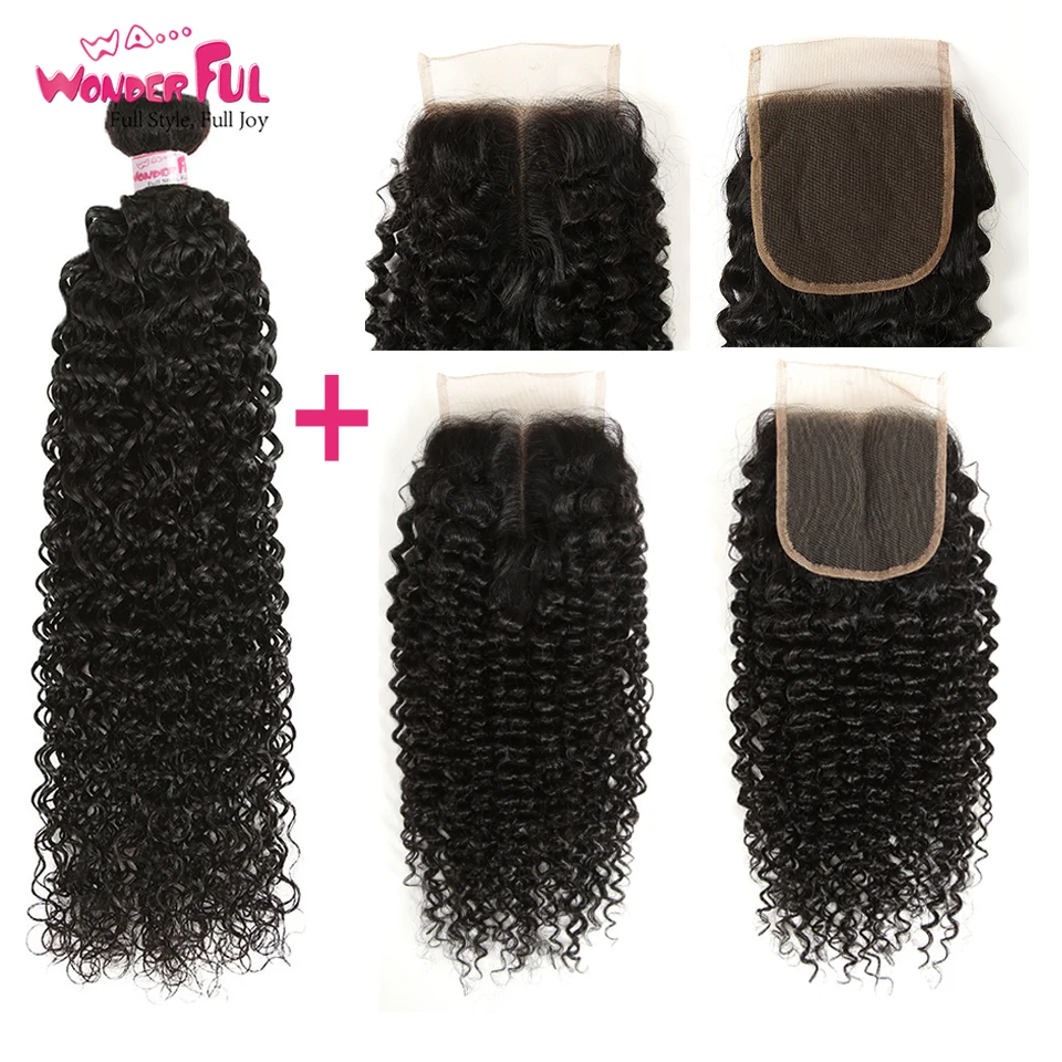 100% Kinky Curly Weave человеческие волосы Связки с закрытием перуанские волосы 3 Связки вьющиеся волосы с закрытием 8-28 30 дюймов 4/5 шт