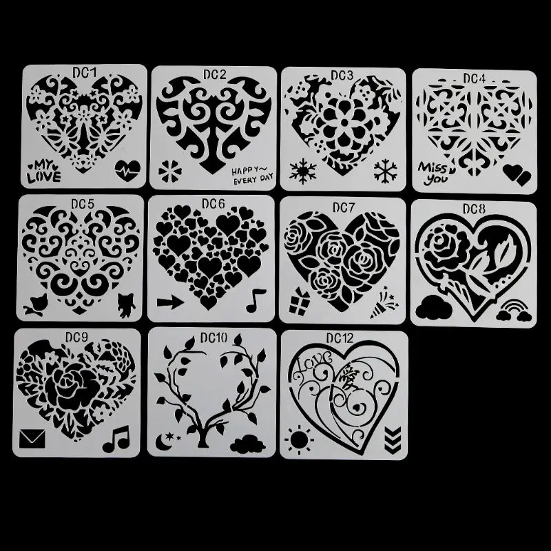 12Pcs Flower Heart Drawing Molds Plastic Children Painting Stencils DIY Paper Art Craft Card Label Scrapbook Educationa