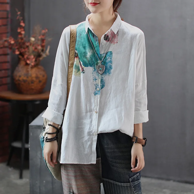 

Women Spring Summer Printed Cotton Linen Tops Ladies Plus Size Single Breasted Blouse Female Print Cardigans Vintage Shirts 2020
