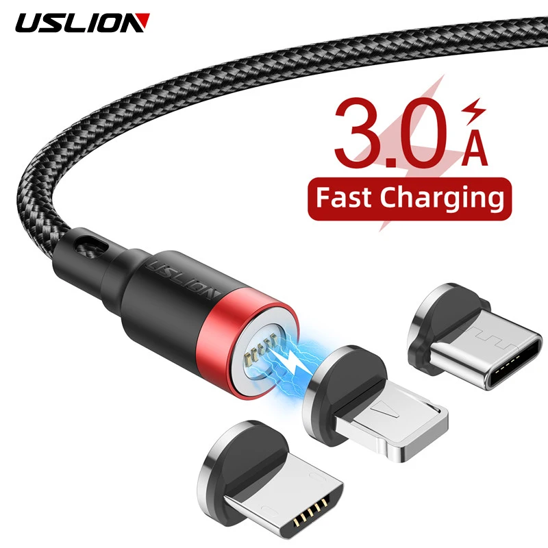 USLION 3A Magnetic Cable Fast Charging For iPhone Xs Max XR 8 7 6 6S Plus Micro USB Cable Type C Cable For Samsung Xiaomi Huawei