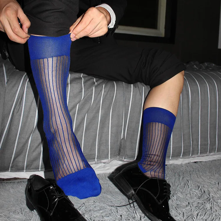 Носки без пятки, нарядные носки, подарки для мужчин, прозрачные носки, экзотическая официальная одежда, костюм для мужчин, сексуальные синие прозрачные полосатые деловые носки TNT