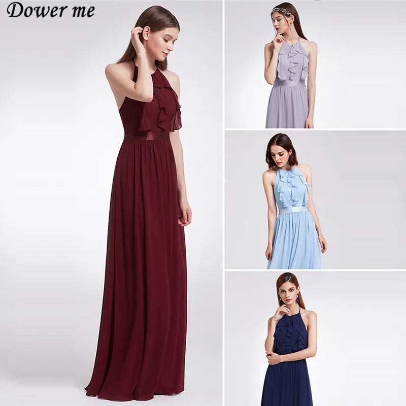 

Skyyue Solid Bridesmaid Dress Sleeveless Ruffles Boat Neck Bridesmaids Dresses for Women Backless Robe Demoiselle D Honneur C443