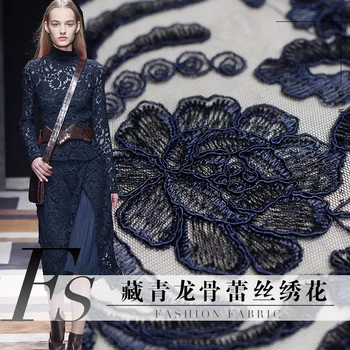 

Navy blue keel flower lace embroidery embroidery fabric autumn dress women's clothing customized fabrics