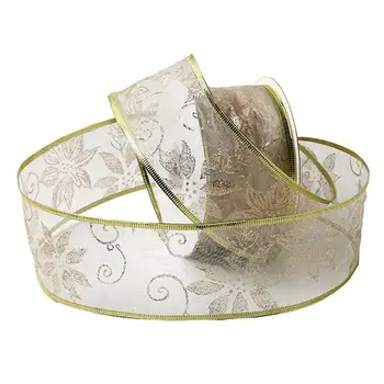 

50 Yards/roll Flower Glitter Sheer Wired Christmas Ribbon for Wedding Party Xmas Tree Decoration DIY Bow Craft Packing Gift