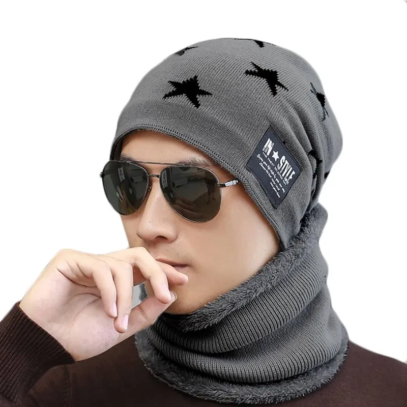 Dark grey JNKET, зимняя теплая вязаная шапка для шеи, комплекты, вязанные шапочки с пентаграммой для взрослых, шапка с флисовой подкладкой, шапка с черепом, шарф, эластичная вязаная шапка - Цвет: Dark grey