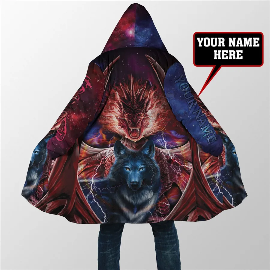 Winter Men For Women Hooded Cloak Custom Name Dragon&Wolf 3D All Over Prined Fleece wind breaker Warm Hood cloak