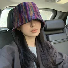 2021 New Ladies Korean Rainbow Color Wool Fisherman Hat Hip Hop Panama Gorros Ladies Winter Fisherman Hat