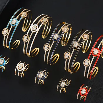 

GODKI Trendy Luxury 3 Rows Enamel Bangle Ring Set Jewelry Set For Women Wedding Cubic Zircon CZ aretes de mujer modernos 2020