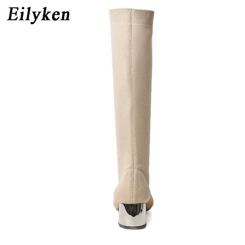 Eilyken/женские зимние сапоги; шерстяные вязаные сапоги-носки; обувь на квадратном каблуке; пикантные сапоги до колена с острым носком; эластичные сапоги