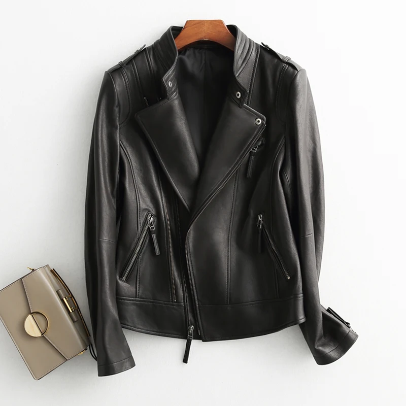 

2020 Genuine Leather Jacket Women Korean Vintage Sheepskin Coat Motorcycle Biker Jacket Spring Autumn Slim Coats 6909