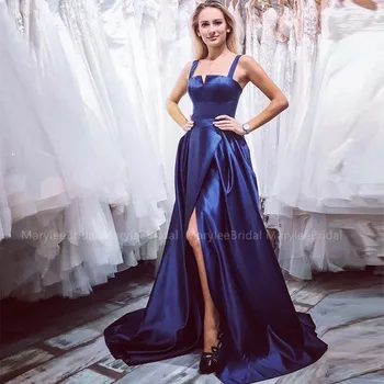 

2020 New robe de soiree Dark Navy Long Evening Dresses Spaghetti Straps High Slit Women Formal Party Gown Draped Skirt Prom Gown
