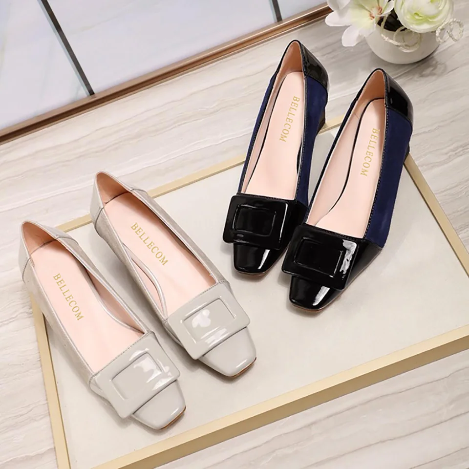 

2019 Early Autumn New Stitching Coarse-heeled Painted High-heeled Square Button Leather Single Shoes