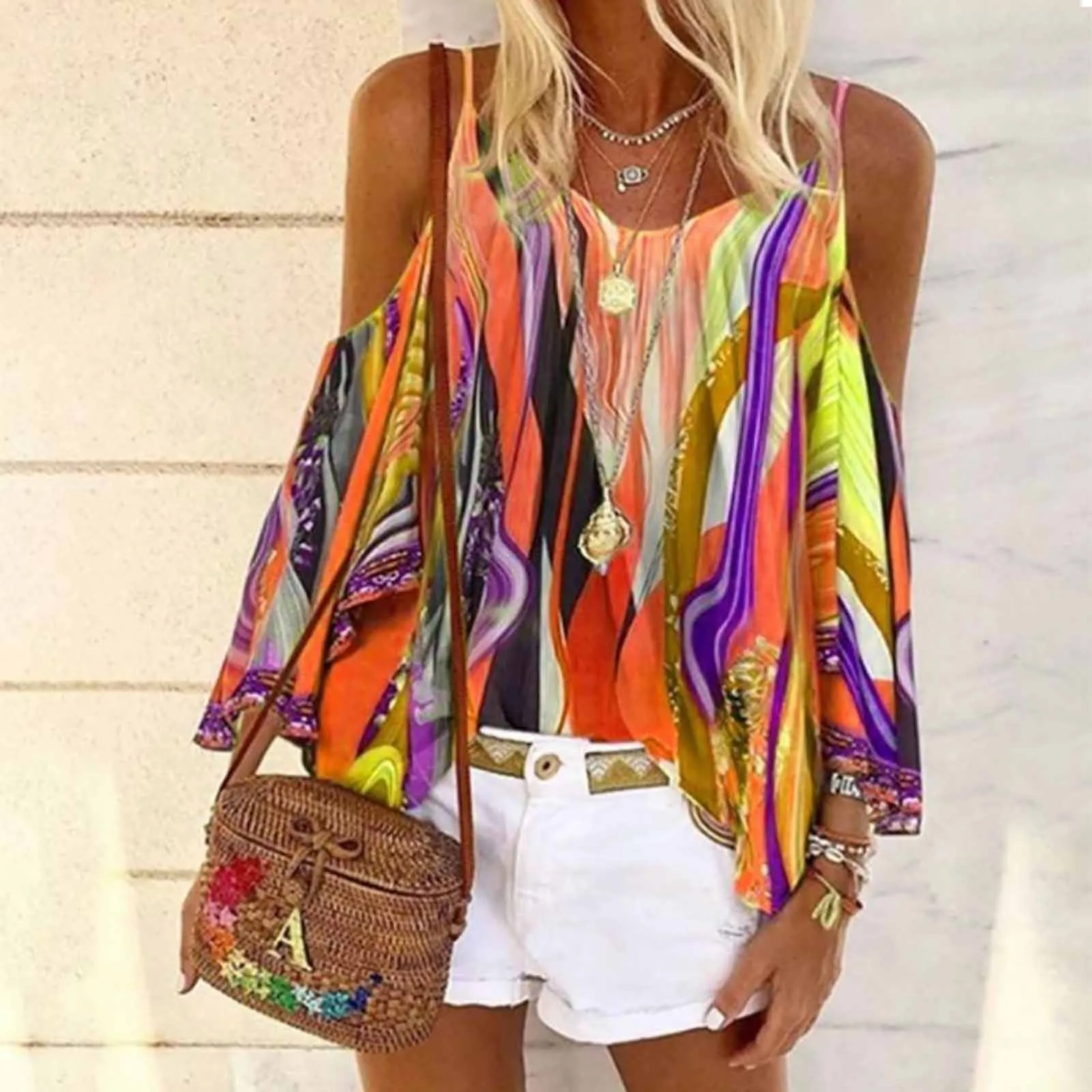 Tops con hombros descubiertos para mujer, blusas con estampado Halter, Sexy, sin tirantes, de manga larga, estampadas, n. ° 4