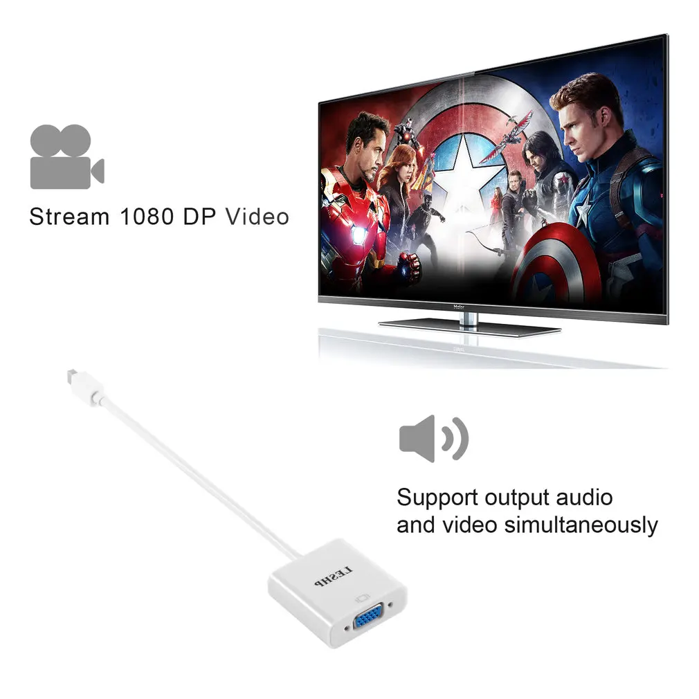 LESHP 1080P Mini Display Port to VGA Male to Female Video Adapter Converter White For VGA Monitors Projectors and TVs