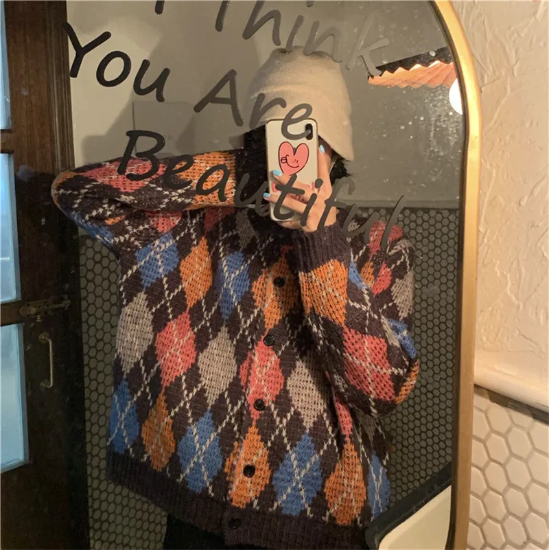 RUGOD корейский стиль Короткие кардиганы для женщин Мода красочные Argyle с длинным рукавом вязаный свитер кардиганы Женская мягкая теплая одежда