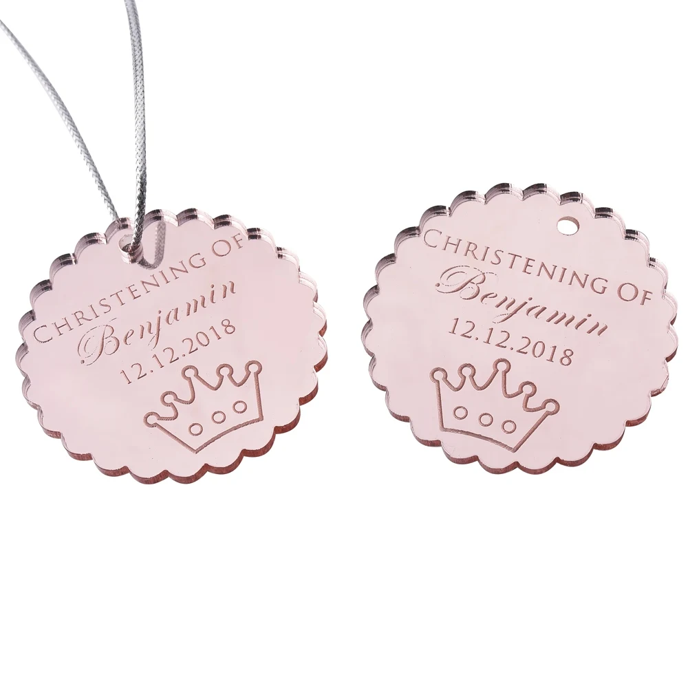 50Pcs Personalized Engraved Round Mirror Tags Wedding Rose Gold Baptism Tag Baby Shower Gift Favor Sculpture Party Gifts Decor - Цвет: Style1