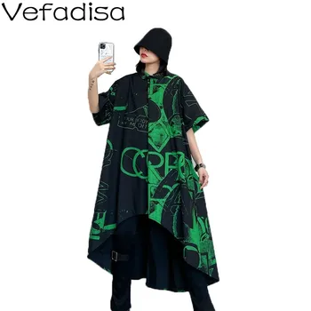 

Vefadisa Letter Print Short Sleeve Dress A-Line Dress Women 2020 Summer Lapel Pullover Irregular Women Dress Loose Black QYF2082