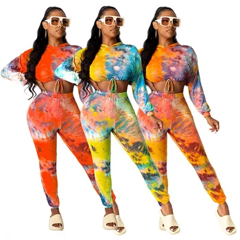 

Women Casual Suit 2020 Autumn New Style Colorful Printting Long Sleeves Hooded Sexy Crop Tops Trousers Two Piece Set