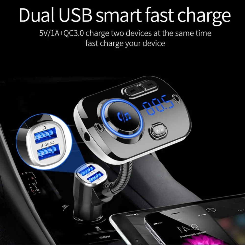 Автомобильный fm-передатчик Bluetooth 5,0 FM модулятор USB Комплект автомобильного зарядного устройства громкой связи музыкальный плеер ночного видения светодиодный свет