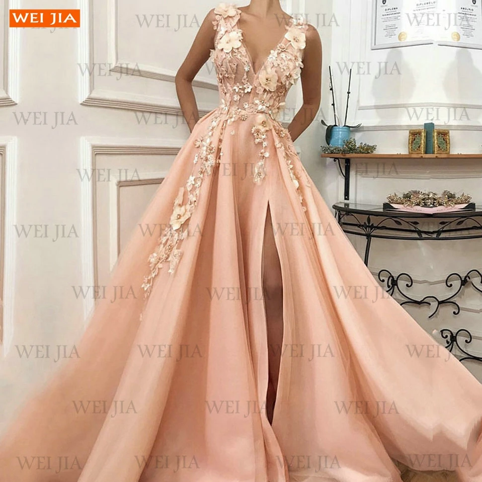 

Pink Prom Gowns Long V Neck Vestidos De Fiesta Largos Elegantes De Gala 3D Flowers Side Split Tulle Formal Dress For Graduations