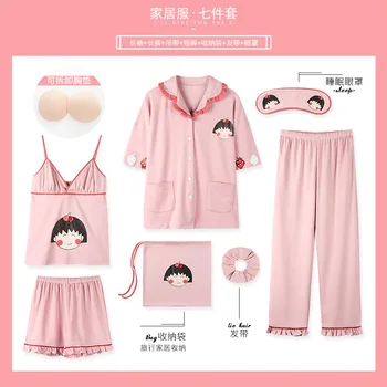 

New Pajamas Women's Summer Large Loose Thin Casual Short-Sleeved Cotton Seven Pieces Girl's Cartoon Leisure Tops