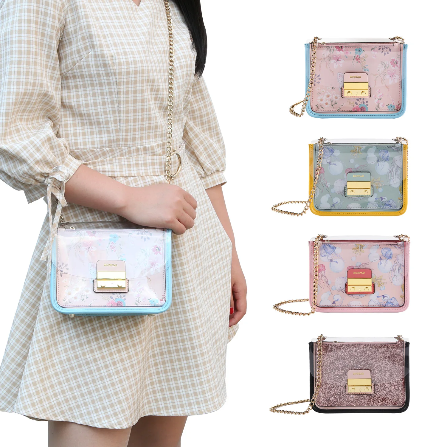 

[Closeout-] Gel Bag-Shoulder PVC Chain Square Sling Bag Women's Containing Small Card Holder One