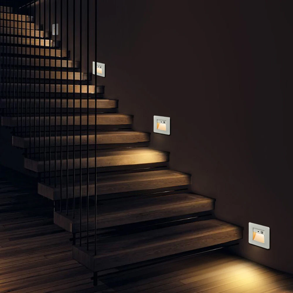 SANDIY Lampes murales à détecteur d'escalier Lumière LED encastrée Veilleuse intelligente pour échelle Couloir Balcon Décoration de la pièce Luminaires d'escalier avec détecteur de mouvement Blanc Or Noir Gris