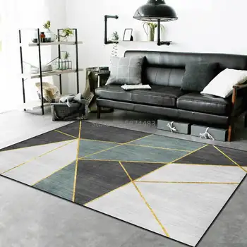 

Modern Minimalist Gold Line Geometric Stitching Dark Gray Green Living Room Bedroom Bedside Carpet Floor Mat