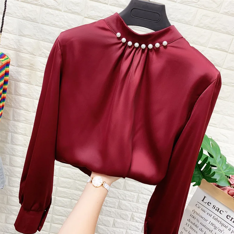 

Autumn Blouse Women Pearl Bead Stand-Collar Satin Shirt Long Sleeve Blouse Loose Ladies Ol Tops Women's Baic Top Blusas Femme