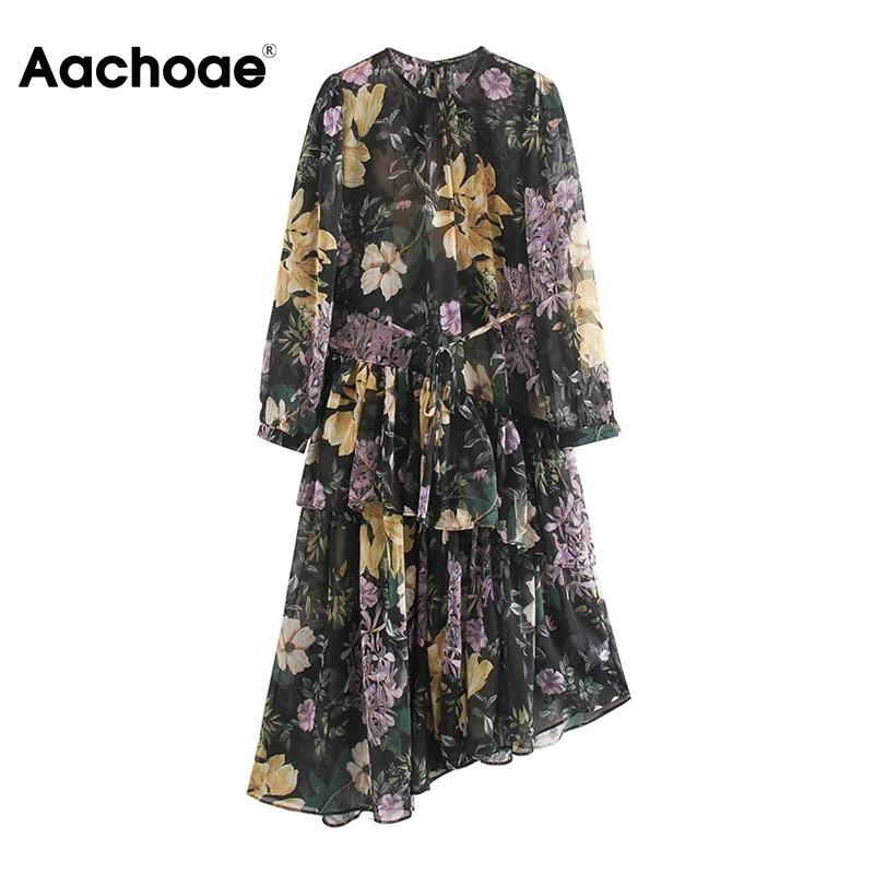 Aachoae Women Floral Print Vintage Chiffon Dresses O Neck Ruffles Asymmetrical Dress Long Sleeve Sashes Dress Boho Midi Sundress Aachoae Women Floral Print Vintage Chiffon Dresses O Neck Ruffles Asymmetrical Dress Long Sleeve Sashes Dress Boho Midi Sundress