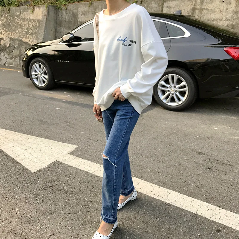 Sk9056 [Yellow Zheng] осенние женские джинсы в студенческом стиле с высокой талией, с дырками, прямые брюки с бахромой