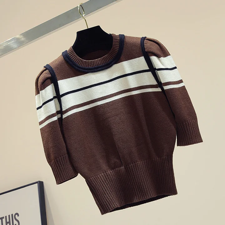 Новинка в Корейском стиле colorblock(цветовой блок), прошитая, с короткими рукавами шорты Модный вязаный свитер для женщин