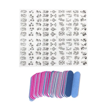 

108 PCS/Sheet 3D Design Nail Art Sticker Black with 100Pcs Nail Files Double Color Wooden Mini Buffer Sanding