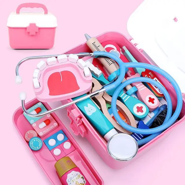 Wooden Doctor Suit Toys Medicine Box Stethoscope Simulation Hospital Injection Tools Boy Girl Role Playing Kid Toy Nurse Uniform 3