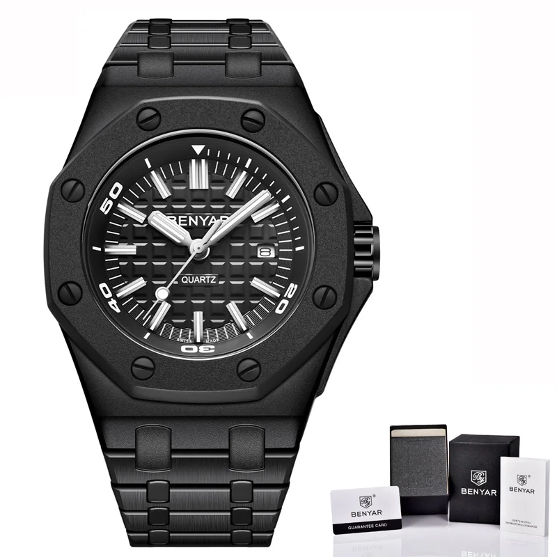 Steel full Black Новинка, BENYAR, Топ бренд, Роскошные мужские часы, модные, повседневные, водонепроницаемые, мужские кварцевые часы, мужские спортивные наручные часы, Relogio Masculino - Цвет: Steel full Black