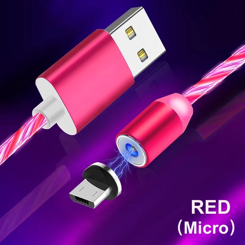 Светодиодный магнитный кабель USB для быстрой зарядки, 1 м, кабель Micro USB для iPhone, huawei, samsung и т. Д., магнитное зарядное устройство type-C для Xiaomi Redmi - Цвет: For Micro Red