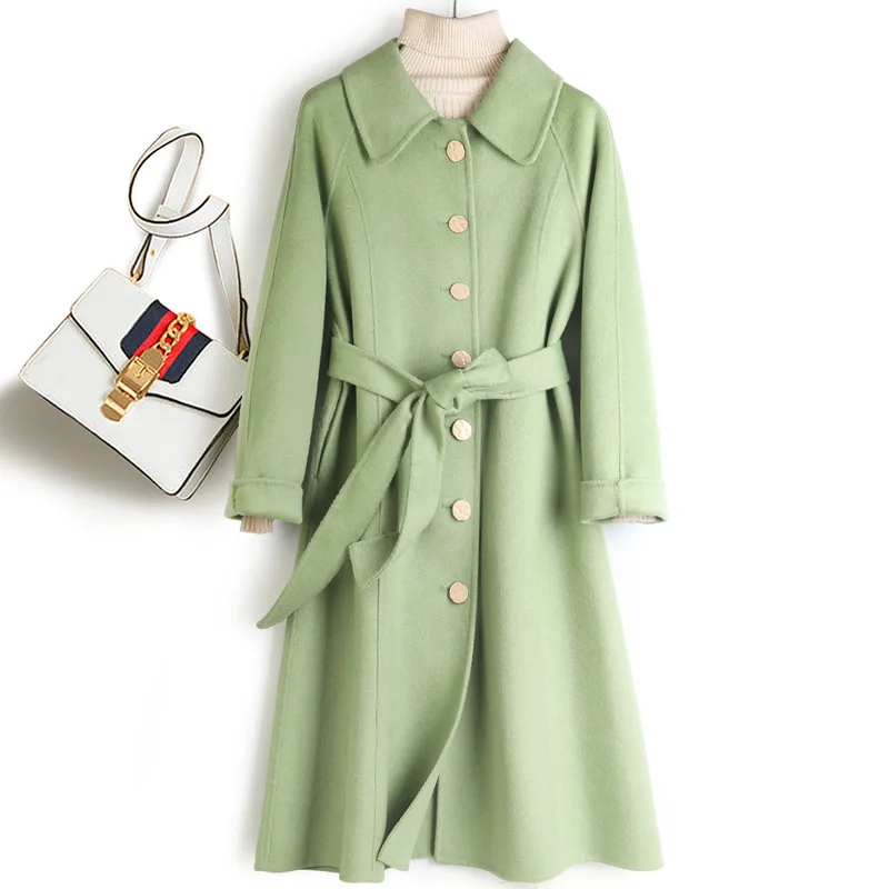 2020 New autumn winters avocado green single-breasted doll brought double-sided cashmecoat female long spot coat 90% wool | Женская