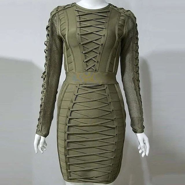 Vestido, обтягивающее платье preto das mulheres, новинка, сексуальная мода, комбинированная сетка, перекрещивающаяся повязка, Vestido, длинный рукав - Цвет: Армейский зеленый