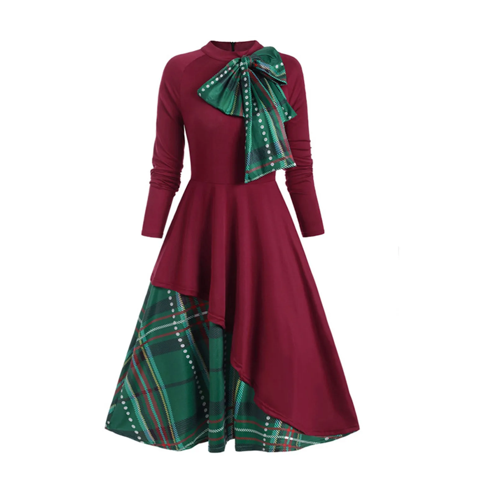 2021 Winter Autumn Women Plaid Bowknot Dress Long-sleeved Round Neck Stitching Big Swing Dresses for Christmas Party Vestidos 2