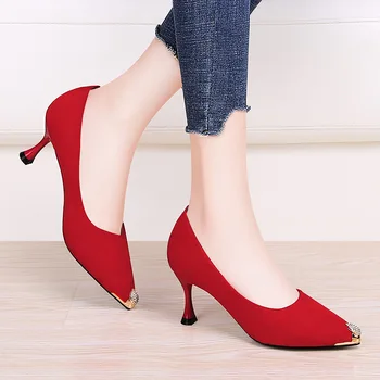 

New Fashion Women Pointed Toe Thin Heels Sexy Suede Red Party Shoes High ( 5cm-8cm ) Pumps Office & Career Rubber Basic