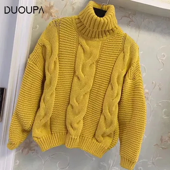 

DUOUPA 2019 Autumn Turtleneck Sweater Knitwear Pullovers Lapel Sweaters WomenLoose Sweater Jumper Female Solid Chic Sweater Tops