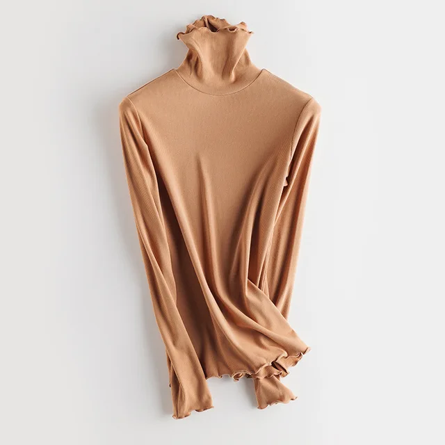 SuyaDream Women Bottoming T Shirt Real Silk Blend Long Sleeves Solid Basic Shirt 2021 Autumn Winter Turtleneck Top Khaki Turtleneck