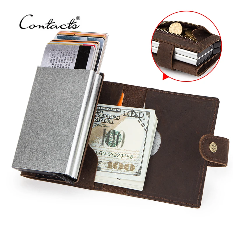 

CONTACT'S Crazy Horse Leather Card Holder Wallet Men Automatic Pop Up ID Card Case Double Aluminium Boxes RFID Coin Purse Male
