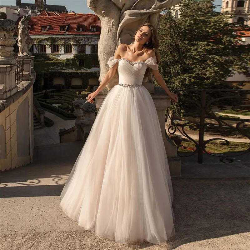 

Off Shoulder Tulle A-Line Wedding Dress Lace Up Corset Beading Bridal Gowns Short Sleeves Custom Simple Bride Dress 2021