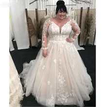 

2021 Long Sleeves Lace Appliques Plus Size Bridal Gowns Vintage A Line Wedding Dresses Court Train Backless Vestidos De Noiva