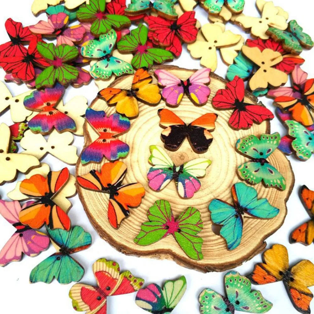 50 шт Случайные микс 28x21 мм деревянные пуговицы для шитья скрапбукинга разноцветные бабочки Смешанные случайные два отверстия узор сделай сам для детей - Цвет: Type B